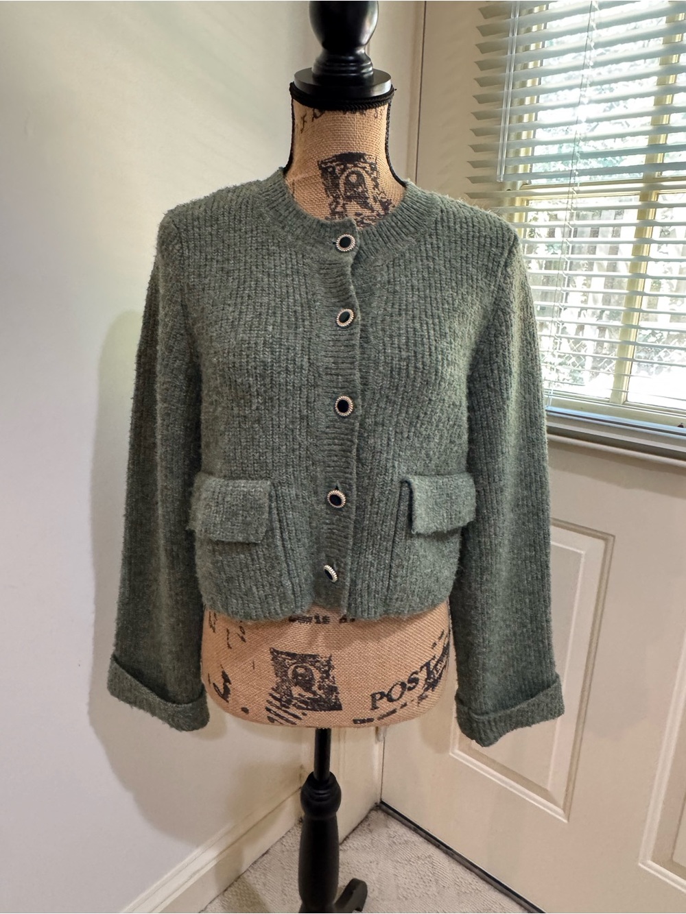 Christian Lacroix Sage Green Knit Cardigan with Gold-Tone Ring Buttons